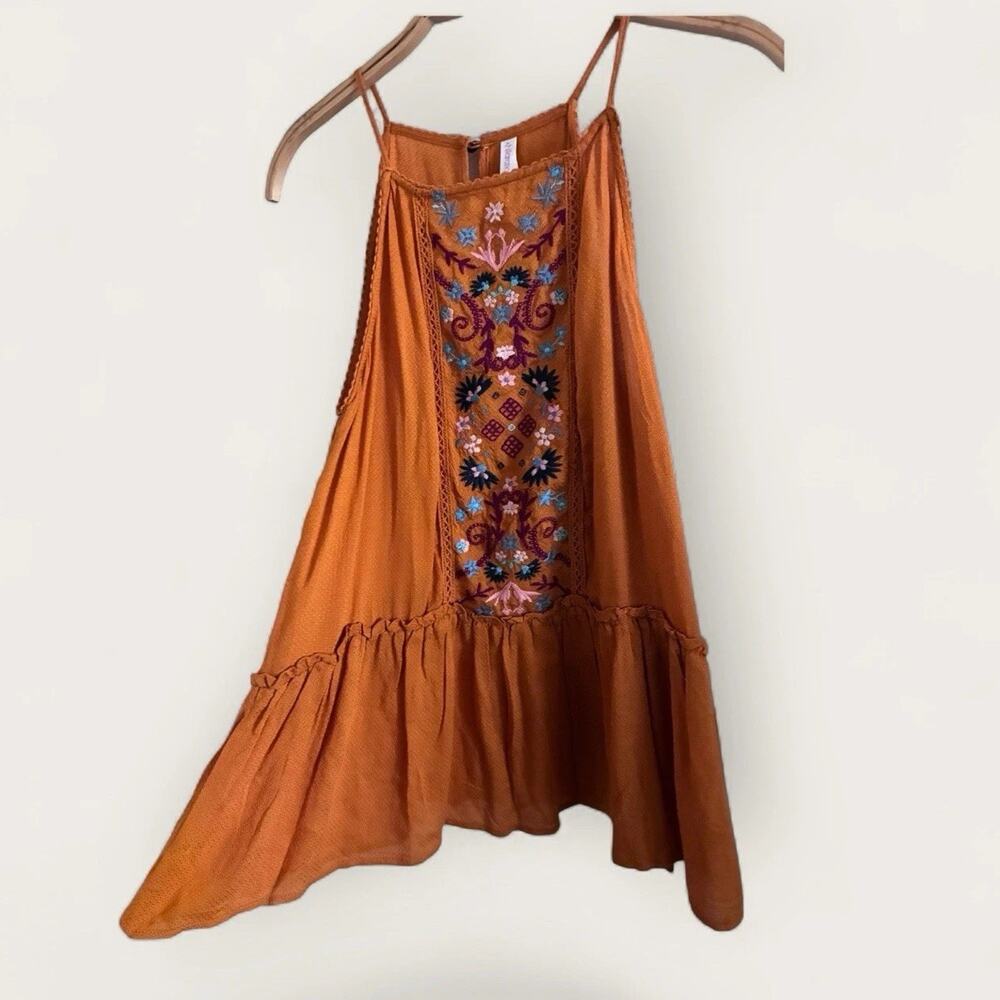 NWT Women Boho Orange Embroidered Top Hippie Peasant Style Ruffle Boutique XS S